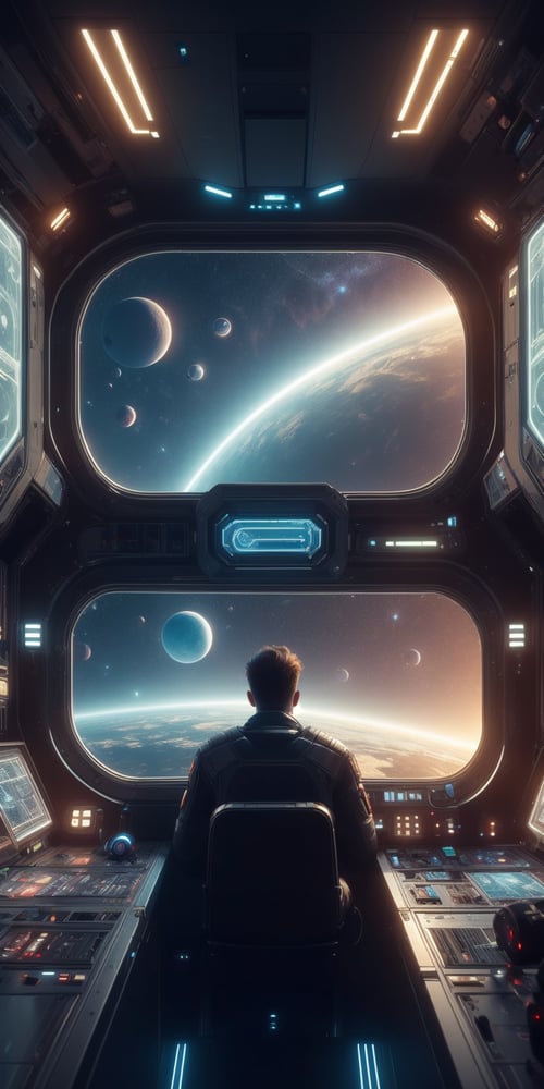 1male, photorealistic,Futuristic room,science fiction, looking through the Window, neon lights, screens,inside a spaceship, space outside, planets,
