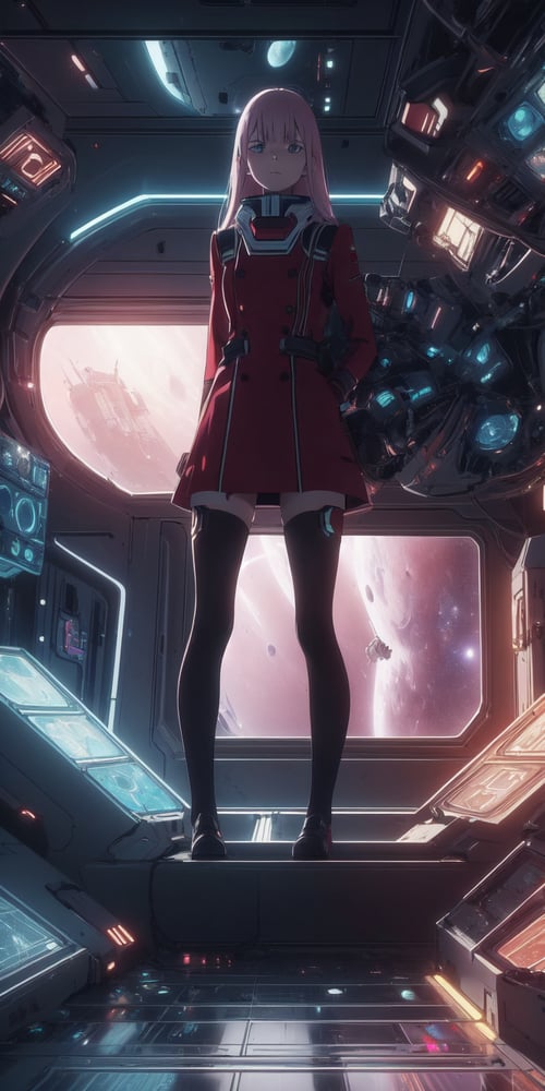 1girl, photorealistic,Futuristic room,science fiction, looking through the Window, neon lights, screens,inside a spaceship, space outside, planets, Zero Two, red uniform
