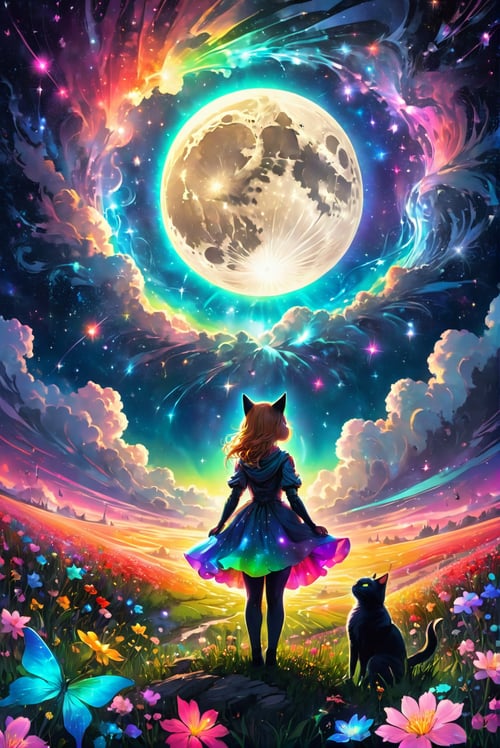 (bottom view),catgirl standing in a flower field looking up (full moon),(shooting stars),(nebula),sakura,(warm light source:),(Firefly),intricate details,volumetric lighting,(masterpiece),(best quality),4k,ultra-detailed,(dynamic composition),highly detailed,colorful details,(rainbow colors),(glowing lighting, atmospheric lighting),dreamy,magical,