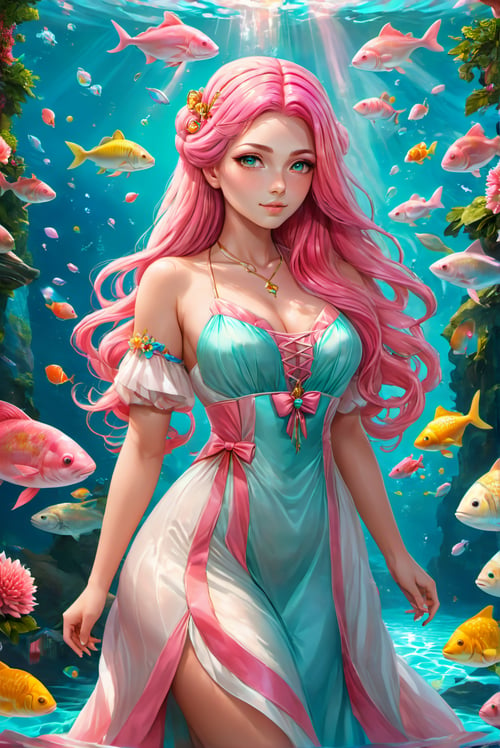 torino aqua style, ((masterpiece)), (best quality), official art, extremely detailed CG, unity 8k wallpaper, ultra detailed, colorful, 1girl, cute, solo, long hair, pink hair, white dress