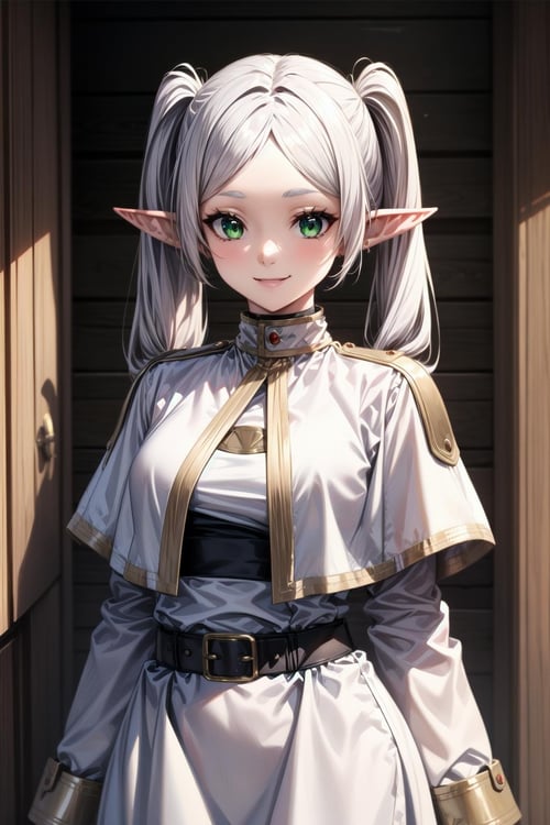 best quality, masterpiece, 1girl, (solo:1.1), raytracing, ultra detailed,detailed face, 8k wallpaper, smile, wide hips, <lora:more_details:0.5>, FrierenNDV, 1girl, white hair, twintails, green eyes, medium breasts, long hair, pointy ears, elf, parted bangs, white capelet, white dress, belt, long sleeves,  <lora:FrierenNDV:0.7>, outdoor, standing