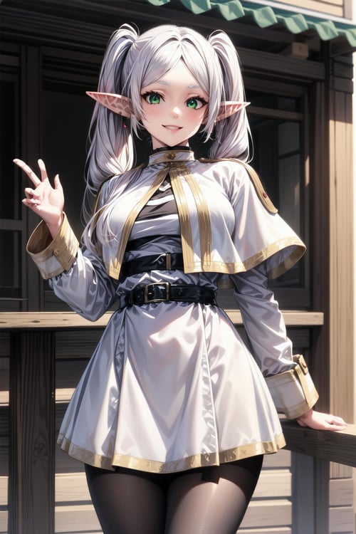 best quality, masterpiece, 1girl, (solo:1.1), raytracing, ultra detailed,detailed face, 8k wallpaper, smile, wide hips, <lora:more_details:0.5>, FrierenNDV, 1girl, white hair, twintails, green eyes, medium breasts, long hair, pointy ears, elf, parted bangs, white capelet, white dress, belt, long sleeves,  <lora:FrierenNDV:0.7>, outdoor, standing, dynamic pose