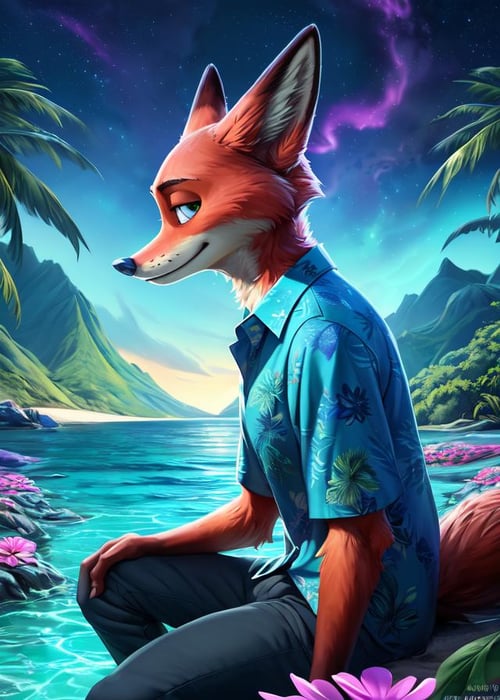 (by Homogenousrule, by Wildering, by Foxovh, by Catcouch),solo (((nick wilde)) wear blue hawaii floral shirt with grey blue pants),(sitting, half-length portrait, three-quarter view, looking at viewer:1.25),(island beach, night, glowing water:1.3), (flower, plant, nebula, mountain, vaporwave),BREAK,(detailed background, depth of field, half body shadow, ambient light on the body),masterpiece, best quality, 4k, 2k, (intricate:0.9), (high detail, shaded, realistic:1.25), absurd res