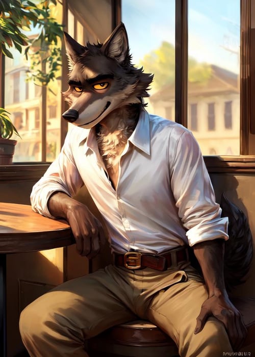 (Bypbap , Cutesexyrobutts),(((mr. wolf \(the bad guys\)))), (sitting, three-quarter front view, three-quarter portrait, white shirt, brown belt, khaki pants:1.3),(france coffee shop:1.25), (window, morning, inside),BREAK,(detailed background, depth of field, half body shadow, sunlight, ambient light on the body),masterpiece, best quality, 4k, 2k, (intricate:0.9), (high detail, shaded, realistic:1.25), absurd res