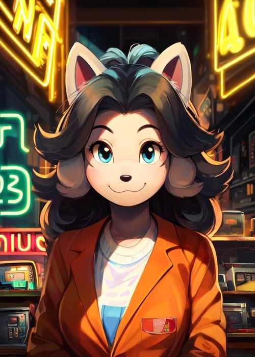 (by Windwttom, by Edtropolis),solo ((temmie \(undertale\)) orange working suit), (front view:1.25),(counter, electronics store, antique shop:1.3), (neon light, cyberpunk),BREAK,(detailed background, depth of field, shadow, sunlight, ambient light on the body, backlighting),masterpiece, best quality, 4k, 2k, shaded, (intricate:0.9), (high detail, ultra realistic:1.25), absurd res