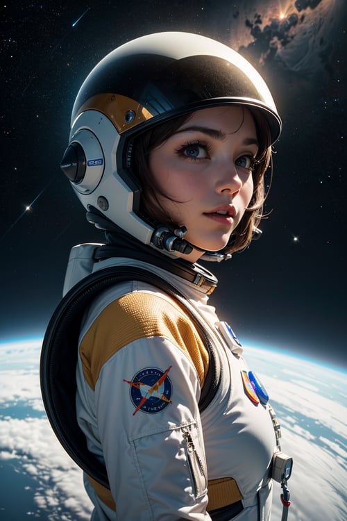 (best quality, 4k, 8k, highres, masterpiece:1.2), ultra-detailed, (realistic, photorealistic, photo-realistic:1.37), female astronaut, futuristic spacesuit, astronaut helmet, exploration spaceship, grandiose cinematic, outer space backdrop, vivid colors, studio lighting, sharp focus, physically-based rendering, detailed technology equipment, huge glass dome, technological advancements, high-tech control panels, zero-gravity environment, awe-inspiring view of Earth, floating astronaut, star-studded background, cosmic rays, interstellar journey, otherworldly experience, serene and majestic, adventurous and courageous, brilliant vision of the future, lunar exploration, galactic expedition, stellar discovery, ethereal colors, sublime beauty, humanity's triumphant spirit, endless possibilities, luminous celestial bodies, spectacular celestial landscape, inspiring and empowering.