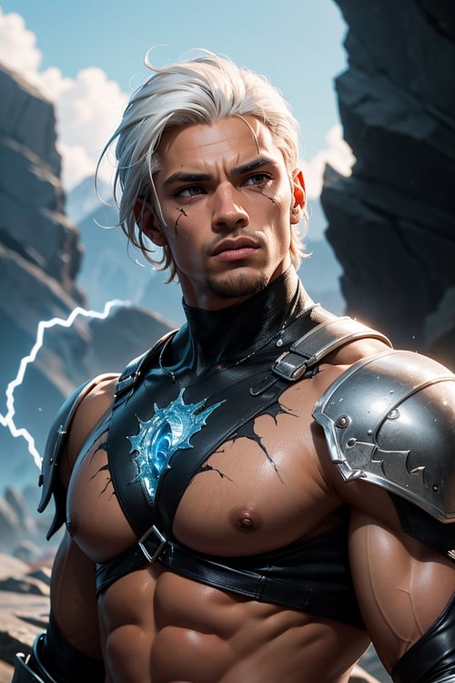 ((masterpiece,  best quality)),  A remarkable masterpiece showcases a magnificent black humanoid sculpted from solid rock,  his upper body bare and muscular. His skin,  etched with intricate cracks,  emits white electricity that weaves through the fissures. With dragonborn qualities,  this stunning male figure possesses striking white hair,  set against a highly detailed outdoor background.