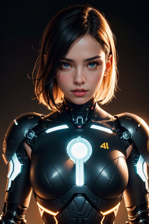 cyborg, girl, neon glow background, portrait, upper body, cinematic, (best quality, 4k, 8k, highres, masterpiece:1.2), ultra-detailed, (realistic, photorealistic, photo-realistic:1.37), HDR, UHD, studio lighting, vivid colors, bokeh, tech enhancements, perfectly smooth skin, colored hair, metallic details, sparkling eyes, expressive face, glowing neon circuit patterns, sleek futuristic outfit, classy cybernetic enhancements, confident pose, dynamic camera angle, blurred background, sci-fi style