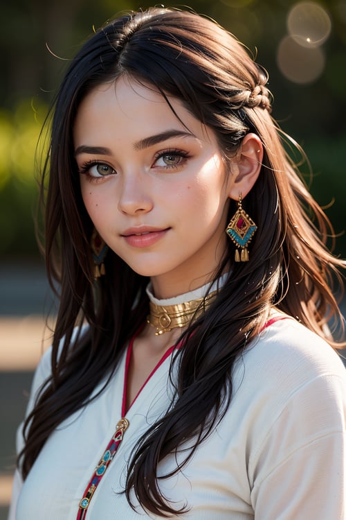 (best quality, ultra-detailed, realistic:1.37), colorful, high-fashion, portrait, beautiful 20-year old girl, long-flowing hair, regal presence, kind smile, perceptive eyes, indigenous Icelandic tribe, simple and elegant style, natural beauty, graceful posture, vibrant colors, soft lighting, bokeh, detailed clothing, traditional jewelry, serene background