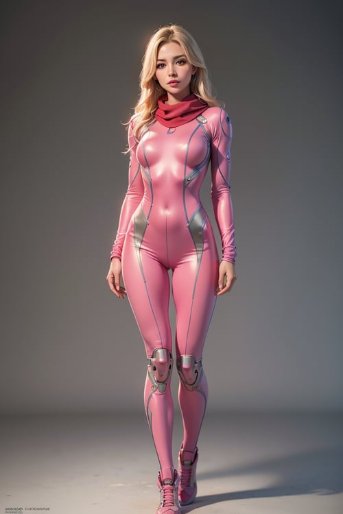 (best quality, 4k, 8k, highres, masterpiece:1.2), ultra-detailed, (realistic, photorealistic, photo-realistic:1.37), 1girl, bodysuit, full body, long hair, blonde hair, mechanical arms, medium breasts, pink scarf, science fiction, solo, standing, simple background