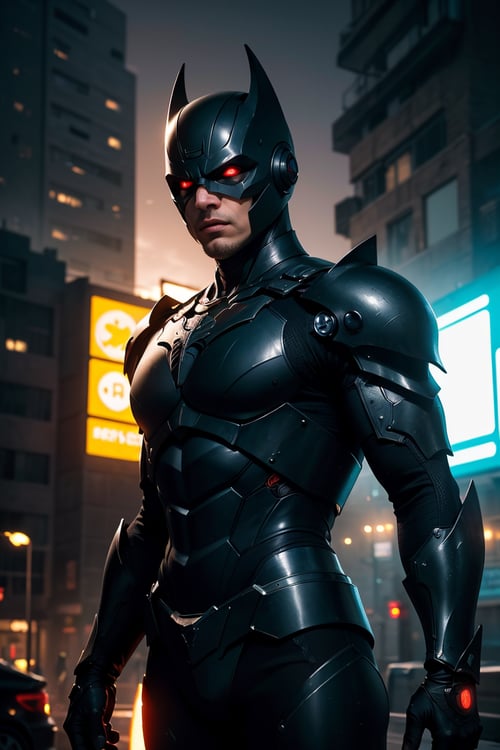 (best quality, 4k, 8k, highres, masterpiece:1.2), ultra-detailed, (realistic, photorealistic, photo-realistic:1.37), dark knight, cyborg, metallic details, glowing red eyes, cinematic composition, awe-inspiring, defend the city, threat, detailed armor, heroic pose, epic background, nighttime setting, cityscape silhouette, ominous atmosphere, powerful, guardian, mechanical design, technological enhancements, elegant, stoic expression, mysterious, menacing presence, strong physique, dynamic lighting, high contrast, nighttime shadows,  intense color palette, dramatic angles, impressive visual impact