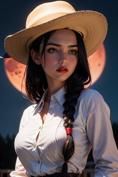 (23-year-old woman),  (determined face),  (red lips),  (black hair braided to the side),  (period clothes),  (cowboy hat),  (blood moon in the background).