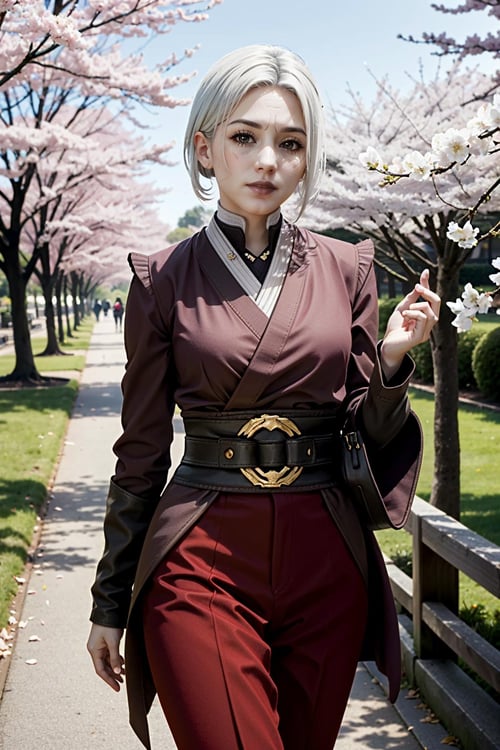 ((ultra detailed, masterpiece, best quality)) <lora:StarMerrin:0.7>StarMerrin, 1girl, solo, white hair, walking in a japanese park, cherry blossoms,