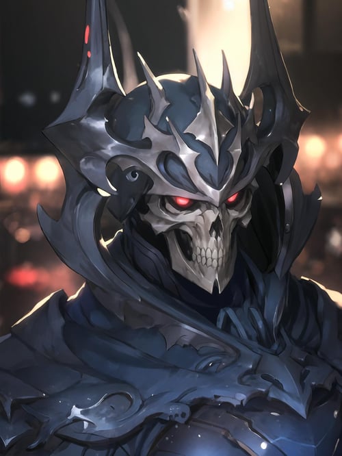 masterpiece,best quality,highres,cinematic lighting,dramatic angle,1boy,helmet,armor,skull,skeleton,<lora:ShadowverseMachineGodV2-000020:0.8>,glowing red eyes,<lora:add_detail:0.5>,motion blur,blurry background,walking towrads viewer,straight-on,motion lines,depth of field,cape,portrait,close-up,upper body,looking at viewer