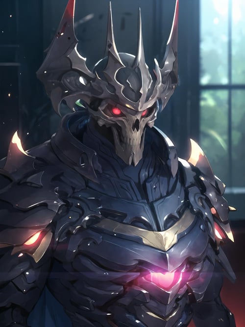 masterpiece,best quality,highres,cinematic lighting,dramatic angle,1boy,helmet,armor,skull,skeleton,<lora:ShadowverseMachineGodV2-000020:0.8>,glowing red eyes,<lora:add_detail:0.5>,motion blur,blurry background,walking towrads viewer,straight-on,motion lines,(depth of field:1.2),cape,portrait,close-up,looking at viewer,straight-on,
