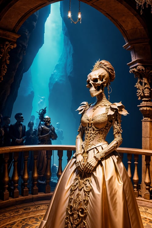 <lora:Skullface_v1-000015:1> photorealistic highly detailed 8k photography, best street shot quality, volumetric lighting, plain clean earthy sklfc, Leaning Against a Railing, Arms Folded, 360-Degree Panorama Inside a Cave, Chandelier-lit Ballrooms full of busy people