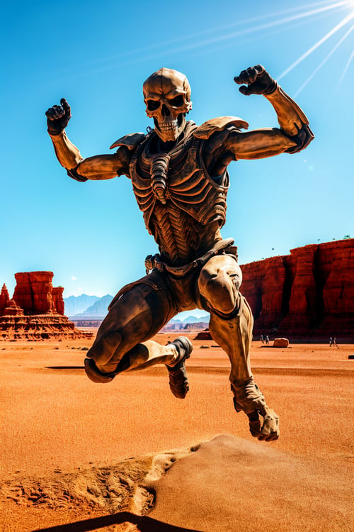 <lora:Skullface_v1-000015:1> photorealistic highly detailed 8k photography, best street shot quality, volumetric lighting, plain clean earthy sklfc, Dynamic Jumping Pose with Arms Extended, Slow Zoom Out on a Vast Landscape, Aquariums full of busy people