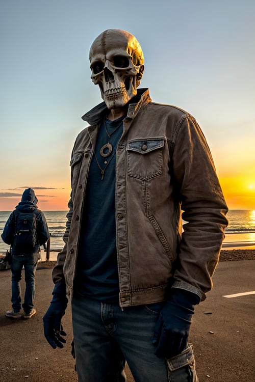 <lora:Skullface_v1-000015:1> photorealistic highly detailed 8k photography, best street shot quality, volumetric lighting, plain clean earthy sklfc, Casual Standing with Hands in Front Pockets, Cinematic Low-Angle Shot, Coastal Villages at Dawn full of busy people