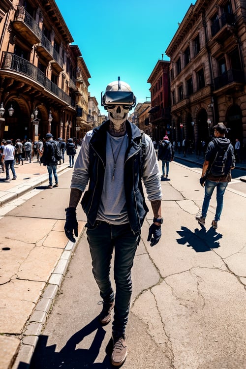 <lora:Skullface_v1-000015:1> photorealistic highly detailed 8k photography, best street shot quality, volumetric lighting, plain clean earthy sklfc, casual street wear, Dynamic Mid-Striding Pose, Looking Forward, 360-Degree Virtual Reality Perspective, Old World Map Libraries full of busy people