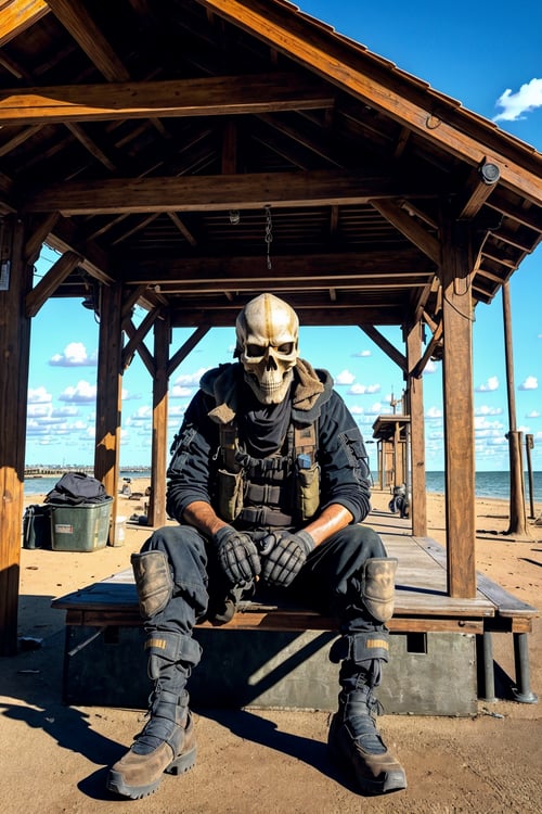 <lora:Skullface_v1-000015:1> photorealistic highly detailed 8k photography, best street shot quality, volumetric lighting, plain clean earthy sklfc, Seated on the Edge of a Table, Crossed Legs, Steadicam Walk through an Urban Landscape, Fisherman's Huts on Stilts full of busy people