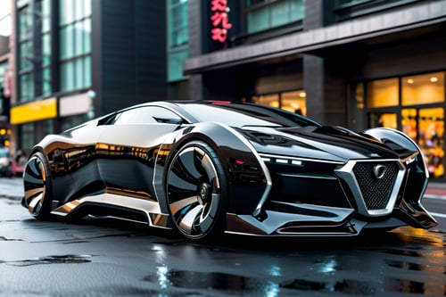 Futuristic Hi-Tech, High Waist, Type 7, Sleek Sci-Fi Bodywork, Large Rear Wheels, Shiny Black and Silver Chrome Protective Tubes, (((Black Wheels))), Black Rubber Tires, On the Road Cyberpunk Urban Background, masterpiece, best quality, Noon, Front View, Symmetrical, 
