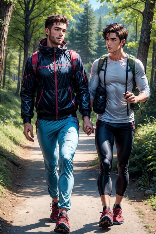 handsome male, walking hand in hand , on forest ,Hiking outfit ,yaoi