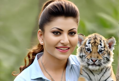 UrvashiRautela and tiger cubs in the background of the photo<lora:UrvashiRautelaSDXL:1>
