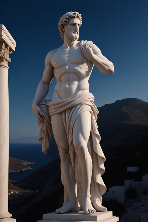 Cinematic 8K hyper-realistic, stoic marble statue, Greece in the background, dark background, Greek mythology, colossal, illuminated by a radiant light, ultra detailed, is characterized by its extraordinary physical attributes and awe-inspiring presence.,<lora:659095807385103906:1.0>