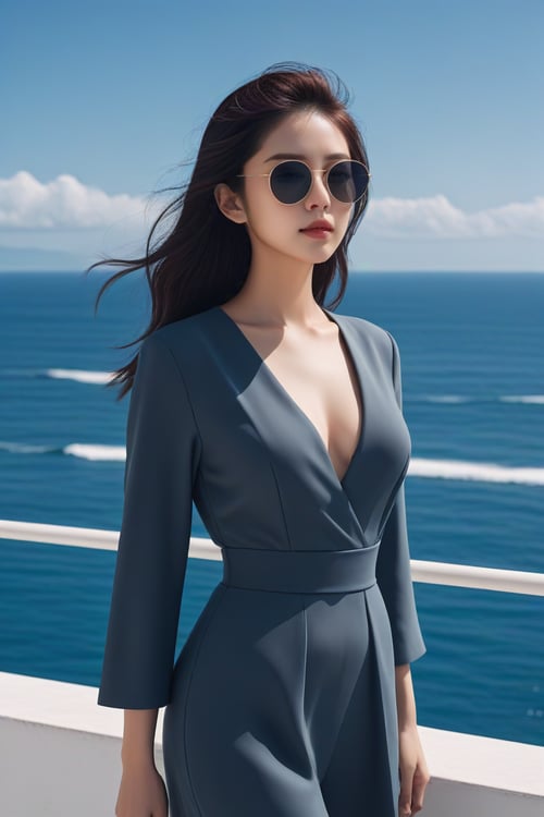 a woman wearing sunglasses posing in front of the ocean, in the style of dark gray and dark azure, curves, sandara tang, fine lines, delicate curves, traincore, paleocore, yuko tatsushima Anime,<lora:659095807385103906:1.0>