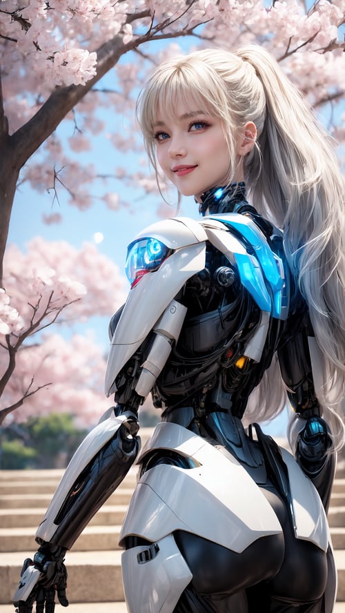 3D, 3D style,masterpiece, best quality, 1girl, yellow eyes, Beautiful face, delicate eyes, smile, long hair, white hair, tree, stairs, standing, sky, cherry blossoms, temple, looking at viewer, upper body, from below, looking back, ((Mecha)), young girl, Cyberpunk, CyberMechaGirl,1 girl