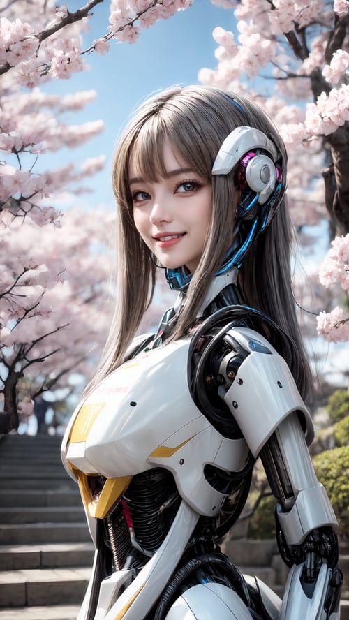 3D,masterpiece, best quality, 1girl, yellow eyes, Beautiful face, delicate eyes, smile, long hair, white hair, tree, stairs, standing, sky, cherry blossoms, temple, looking at viewer, upper body, from below, looking back, ((Mecha)), young girl, Cyberpunk, CyberMechaGirl