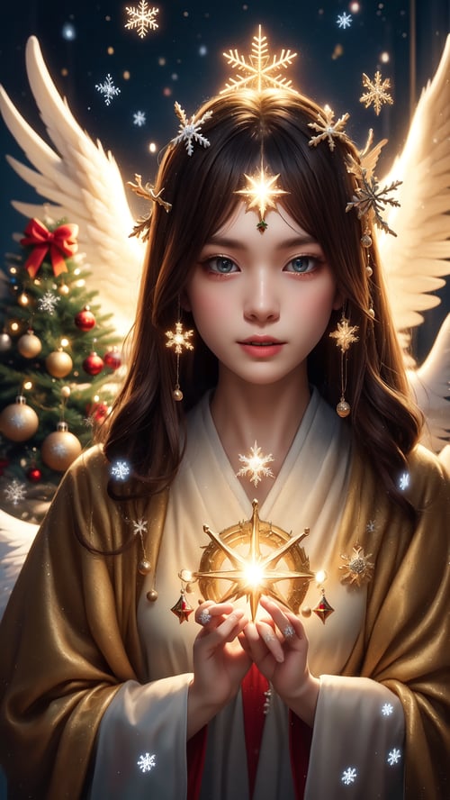 close up portrait, Highly detailed, High resolution scan, Unreal engine, Professional, 64K, UHD, HDR, Ansel Adams snowflake, archangel, Christmas tree, holy light, ,1 girl, Angel of Christmas,Japanese girl,Santa Claus