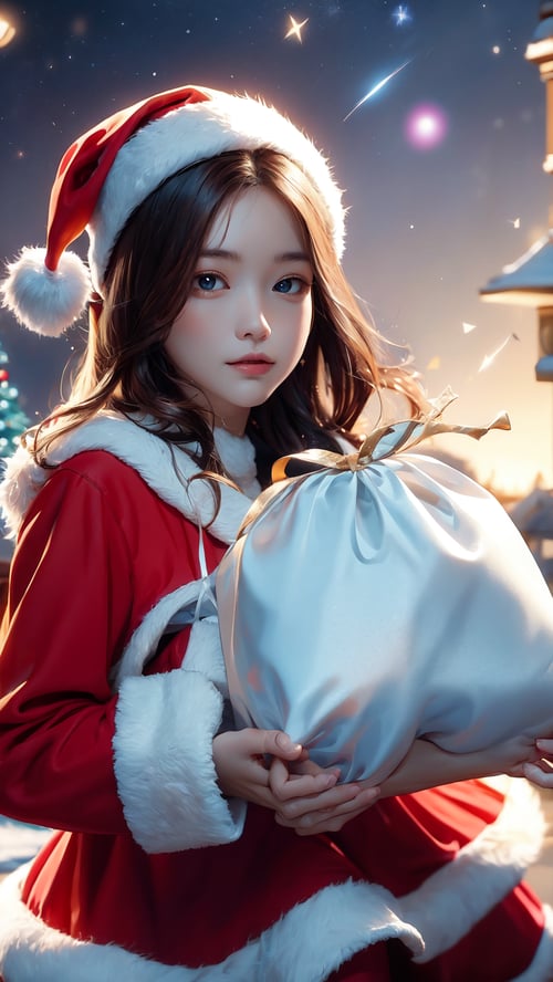 Sky, stars, white cloth bag,Santa Claus,1 girl