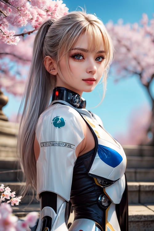 3D, masterpiece, best quality, 1girl, yellow eyes, Beautiful face, delicate eyes, smile, long hair, white hair, tree, stairs, standing, sky, cherry blossoms, temple, looking at viewer, upper body, from below, looking back, ((Mecha)), young girl, Cyberpunk, CyberMechaGirl, Exquisite face, Mecha