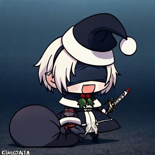 <lora:Padoru_Meme:1>, Padoru_Meme, open mouth, ((masterpiece,best quality)), absurdres, hm2b, black blindfold, covered eyes, mole under mouth, clothing cutout, long sleeves, puffy sleeves,  juliet sleeves, feather trim, black thighhighs, black gloves, black dress, black skirt, thigh boots, <lora:y2b_v2-1:0.5>, holding weapon, katana, night, cyberpunk,