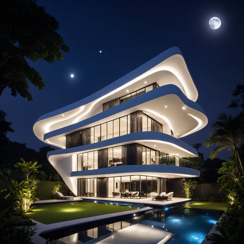 (best quality, masterpiece, high_resolution:1.5), a house town villa in Hanoi, Vietnam with wonderful and luxury exterior designing by Zaha Hadid. Glass and led lighting make the facede of this 3 layers house look awesome . Night light from lamps and moon.,Thai style roof,Wonder of Art and Beauty,Retouch all bugs,Wonder of Beauty