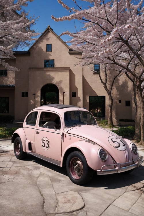 <lora:Herbie_v1:1> vwhrb, (Japanese Cherry Blossom Tunnels:1.2)