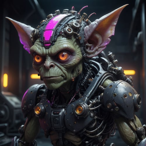 A mutant GOBLIN, neon ambiance, abstract black oil, gear mecha, detailed acrylic, grunge, intricate complexity, rendered in unreal engine, photorealistic
