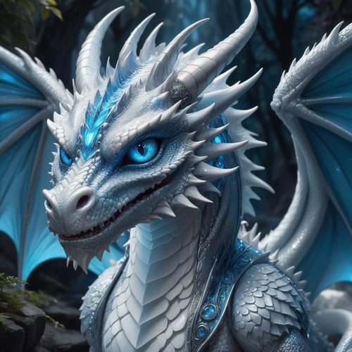 Craft an enchanting fantasy scene featuring a beautiful silver-white biometric dragon with glowing,  shiny biometrical features. Imagine captivating blue eyes and impressive glass horns. Place this majestic creature in a fantasy-style background that complements its ethereal beauty,  aiming for a visually striking image with intricate details and a magical atmosphere., cute little dragon

