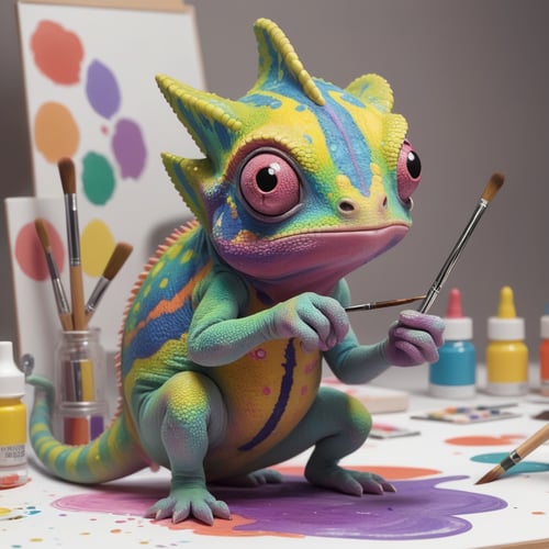 kawaii Chameleon Painter changing its body colors to match its vibrant painting. Render this in an anime style,  focusing on the chameleon's cute,  wide eyes and intricate patterns on its body
