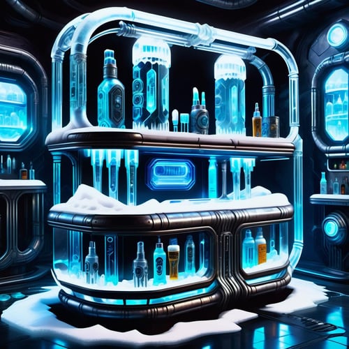 hyper detailed masterpiece, dynamic realistic digital art, awesome quality,DonMFr0stP4nkXL underground cyberpunk bar, nightstand,toothbrush and toothpaste, serpentine stone, led bulbs, downlighting, spacepunk,snow, ice  <lora:DonMFr0stP4nkXL-000006:1>