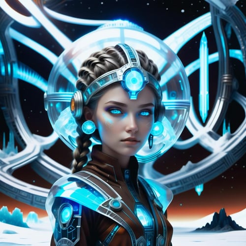 hyper detailed masterpiece, dynamic realistic digital art, awesome quality,DonMFr0stP4nkXL female galactic peacekeeper,  young adult, fit, inuit, blue eyes, gauged ears,     curved forehead, diamond face shape,   halloween makeup , dark brown crown braid hair, admiration, gesturing in a non-verbal exchange with an extraterrestrial being.,  wearing quantum-linked polymer    plasma discharge print    burntorange electroluminescent palazzo pants, mind-meld print    bluish-brown spore print thermal-regulating shrug,   sonic sound amplifier , engaging in unique and exotic cultural practices., quantum entanglement time travel nexus, levitation assisted elevators,aluminum, outdoor fire pit,bioluminescent ocean waves, neon lights,snow, ice  <lora:DonMFr0stP4nkXL-000006:1>