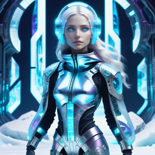 hyper detailed masterpiece, dynamic realistic digital art, awesome quality,DonMFr0stP4nkXL female nanotechnologist,  ageless, shapely, indigenous australian, light blue eyes, pointed ears, wide nose, narrow chin,       , platinum blonde mermaid waves hair, gratitude, showing off futuristic clothing or wearable technology.,  wearing exoskeleton texture    mauve    quantum-linked polymer virtuality cargo culottes, holographic projection print electromagnetic hooded sweater,   , crouching or leaning against a wall, ready for stealthy maneuvers., android eyes glow, virtual reality shared consciousness experiences,snow, ice  <lora:DonMFr0stP4nkXL-000006:1>