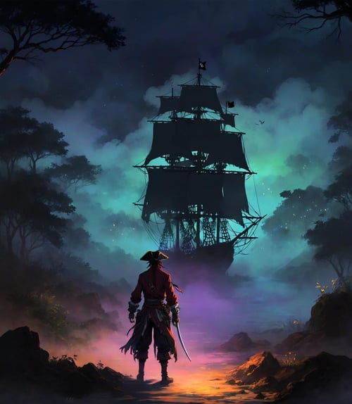 (anime art), 2D, old pirate, fog, dark atmosphere, night, colorful, undefined