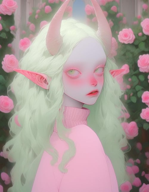 albino demon girl standing with ( green curls hair:1.3) , walking through pink rose bushes and castle in the distance, pink turtleneck sweater with tulle skirt, braces, chewing gum , winking ,(long intricate horns:1.2) <lora:pale_demon:1>, sneakers with socks, 