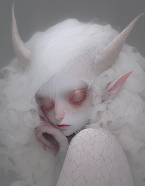 albino demon girl with lethargic sleepy smokey eyes, white curls , insect eyes, antenna , mesh fishnet blouse, (long intricate horns:1.2)  <lora:pale_demon:1>
