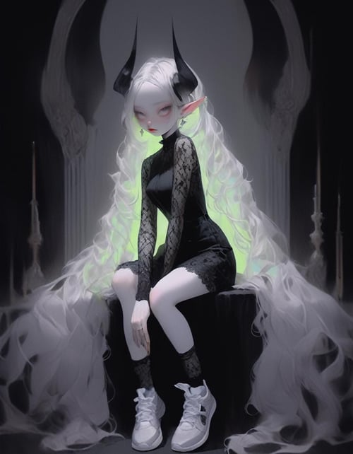 pale demon girl , (prismatic coloring, holographic vibe, chromatic:1.2) black lace blouse, gothic background, (long straight horns:1.2)  <lora:pale_demon:1>, sneakers with socks,