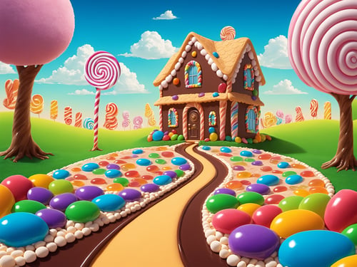 (masterpiece,  best quality:1.3),  8k resolution wallpaper,  top quality,  sweetscape,  full background,  cartoon,  digital illustration,  candy house,  wafer,  door,  no humans,  cinematic lighting,  strong contrast, high level of detail,  spiral tower,  piping,  particles,  jellybean,  gummy tree,  marshmallow,  cobblestone,  plant,  grass,  hyperrealistic,  chocolate bar,  otherworldly,  outdoors,  (extremely high-resolution details),  wafer,  (lollipop tree),  (sugar),  rainbow sea,  (sugar:1.2),  sugar cookie,  intricate details,  (oversized gumball machine),  striped,  shadow,  gradient,<lora:EMS-169676-EMS:1.000000>