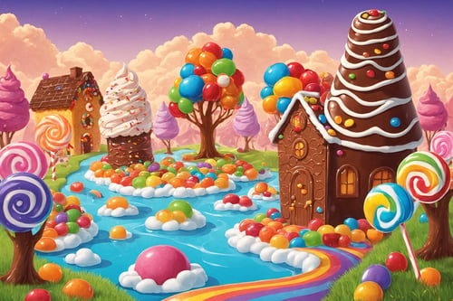 (masterpiece,  best quality:1.3),  8k,  top quality,  fantasy,  (sweetscape),  full background,  cartoon,  colorful,  striped,  rainbow,  cloud,  sky,  digital illustration,  vector artstyle,  candy house,  wafer,  door,  no humans,  cinematic lighting, strong contrast, high level of detail,  spiral tower,  piping,  particles,  gummy tree,  marshmallow,  chocolate bar,  jello,  water,  plant,  grass,  honey,  outdoors,  (extremely high-resolution details),  wafer,  bare tree,  seeds,  lollipop tree,  sugar,  ice cream mound,  sugar cookie,  gumball machine,  striped,  bare tree. shadow,  star,  soft serve,  butterfly,  gradient, sweetscape,<lora:EMS-169676-EMS:0.800000>