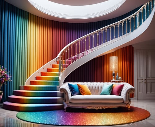 (Masterpiece,  best quality:1.3),  highly detailed,  fantasy,  ,  8k,  dynamic,  cinematic,  ultra-detailed,  full background,  indoors,  fantasy,  illustration,  drip,  sparkle,  pancake:1.3),  high-rise staircase,  fireplace,  door,  widow,  curtain, syrup,  couch,  rug,  pillow,  round table, reflective floor,  glitter,  scenery,  (no humans),  shimmer,  drizzle,  beautiful,  (shiny:1.2),  various colors,  bloom:0.4,  extremely detailed,  sunken living room,  striped,  multicolored theme,  rainbow,  (gradients),<lora:EMS-169703-EMS:0.900000>
